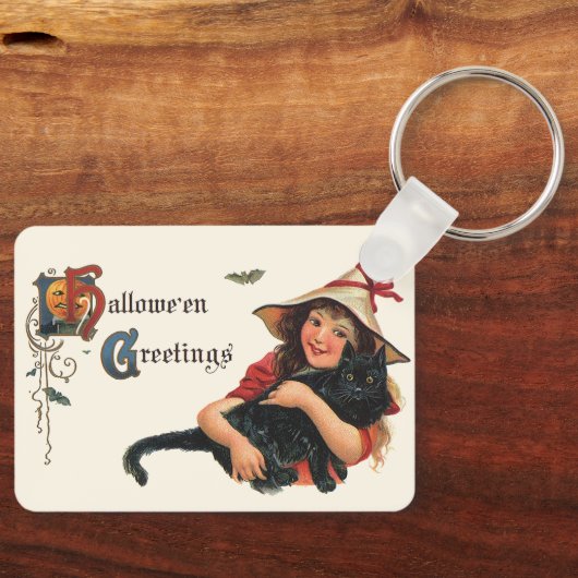 Halloween Greetings, Child Witch met Kat Sleutelhanger (Voorkant)