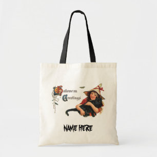 Halloween Greetings, Child Witch met Kat Tote Bag