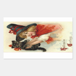 Halloween Greetings Girl met Black Cat Rechthoekige Sticker