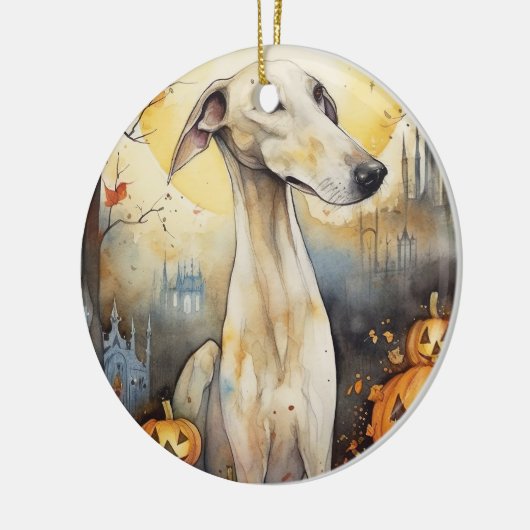 Halloween Greyhound met pompoenen eng Keramisch Ornament (Links)