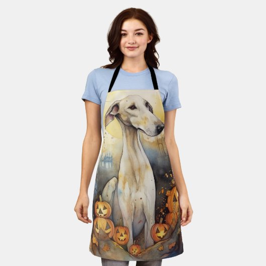 Halloween Greyhound met pompoenen eng Schort (Gedragen)