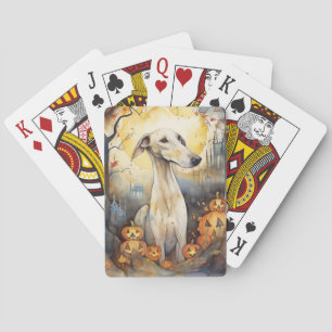 Halloween Greyhound Met Pompoenen Griezelen Pokerkaarten
