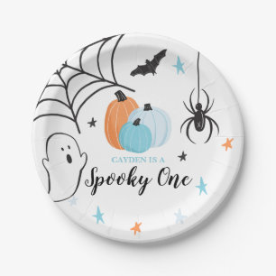 Halloween Griezelen Eén Verjaardag Blauwe Pompoene Papieren Bordje