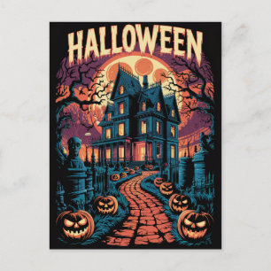 Halloween Griezelig Gehekst Huis Pompoenen         Briefkaart