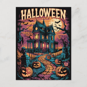 Halloween Griezelig Gehekst Huis Pompoenen         Briefkaart