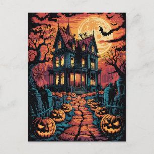 Halloween Griezelig Gehekst Huis Pompoenen         Briefkaart