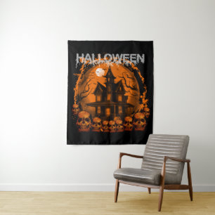HALLOWEEN GRIEZELIG GEHUCHT HUIS schedels Wandkleed