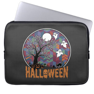 Halloween Griezeltoren Geesten en Zwarte Kat Laptop Sleeve