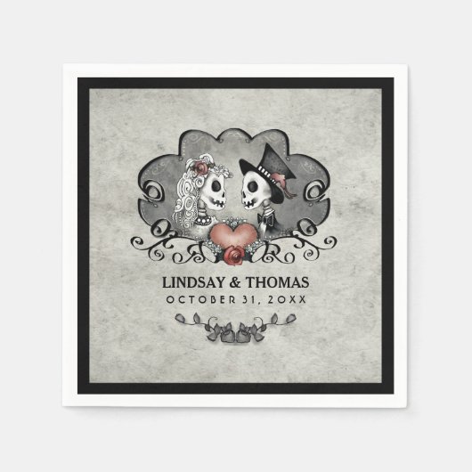 Halloween grijs & zwarte skeletten & hart trouwfee servetten (Voorkant)