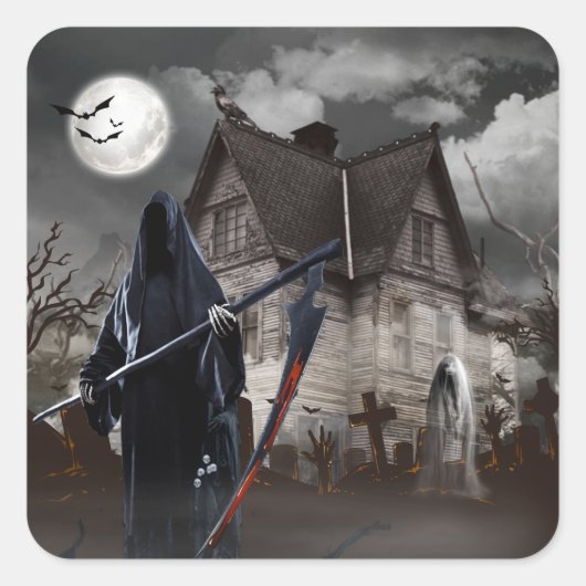 Halloween Grim Reaper Haunted House Vierkante Sticker (Voorkant)