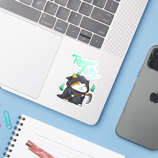 Halloween Grim Reaper Kat Sticker (Laptop met iPhone)