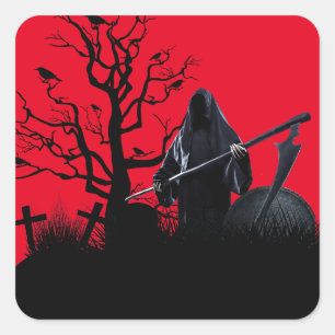 Halloween Grim Reaper Red Night Vierkante Sticker