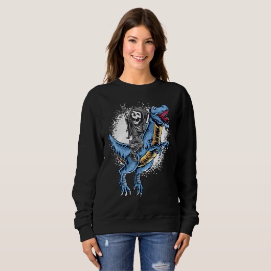 Halloween Grim Reaper Rocker Riding T Rex Dinosaur Trui (Voorkant volledig)