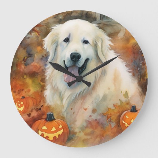 Halloween Grote Pyreneeën met pompoenen eng Grote Klok (Voorkant)