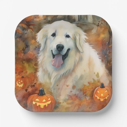 Halloween Grote Pyreneeën met pompoenen eng Papieren Bordje (Voorkant)