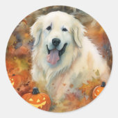 Halloween Grote Pyreneeën met pompoenen eng Ronde Sticker (Voorkant)