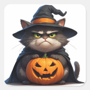 Halloween Grumpy Kat met Pompoenlantaarn 🎃 Vierkante Sticker