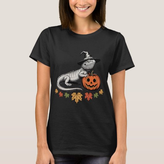 Halloween hagedis met pompoen Pet T-shirt (Voorkant)