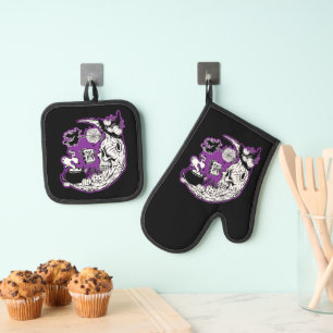 Halloween halve maan heksenschedel ovenwant & pannenlap set