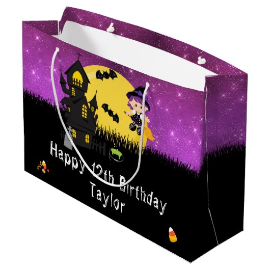 Halloween Happy Birthday Witch Bright Paars Groot Cadeauzakje (Achterkant Gekanteld)