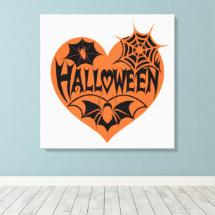 Halloween Hart, Oranje Hartvorm, Spinnenweb Canvas Afdruk