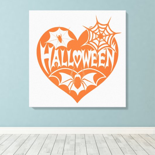 Halloween Hart, Oranje Hartvorm, Spinnenweb Canvas Afdruk (Insitu (Houten vloer))