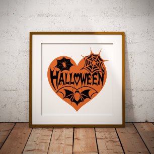 Halloween Hart, Oranje Hartvorm, Spinnenweb Foto Afdruk