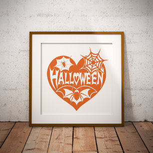 Halloween Hart, Oranje Hartvorm, Spinnenweb Foto Afdruk