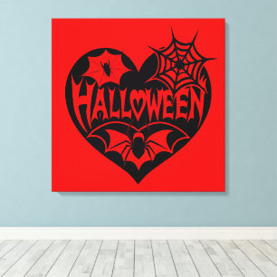 Halloween Hart, Zwarte Hartvorm, Spinnenweb Canvas Afdruk