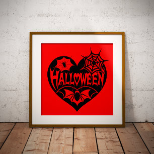Halloween Hart, Zwarte Hartvorm, Spinnenweb Foto Afdruk