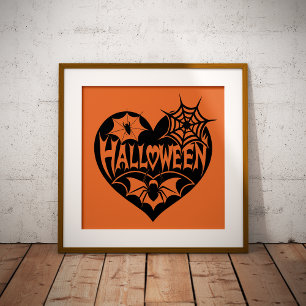 Halloween Hart, Zwarte Hartvorm, Spinnenweb Foto Afdruk
