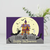 Halloween Hauned House Black Bat Full Moon Paars Kaart (Staand voorkant)