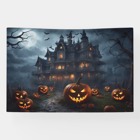 Halloween Haunted House en Jack-O-Lantern Spandoek (Horizontaal)