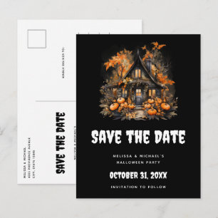Halloween Haunted House en pompoenen Save the Date Uitnodiging Briefkaart