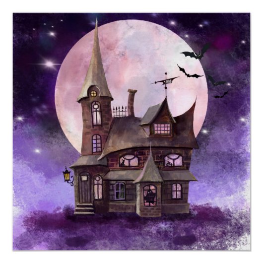 Halloween Haunted House met Mon en Bat Wall Art Perfect Poster (Voorkant)
