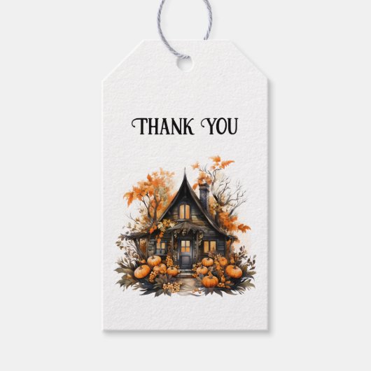 Halloween Haunted House met pompoenen Dank u Cadeaulabel (Voorkant)