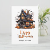 Halloween Haunted House Pumpkins Bats Ghost Feestdagenkaart (Staand voorkant)