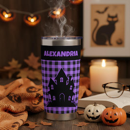 Halloween Haunted House Purple & Black Plaid Name Geïsoleerde Drinkbeker