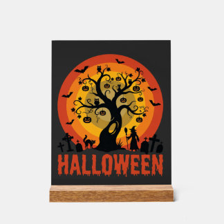 Halloween Haunted Tree Witch and Black Cats Acryl Bord