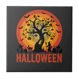 Halloween Haunted Tree Witch and Black Cats Tegeltje