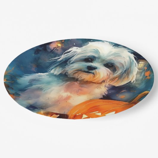 Halloween Havanese met pompoenen eng Papieren Bordje (Gekanteld)