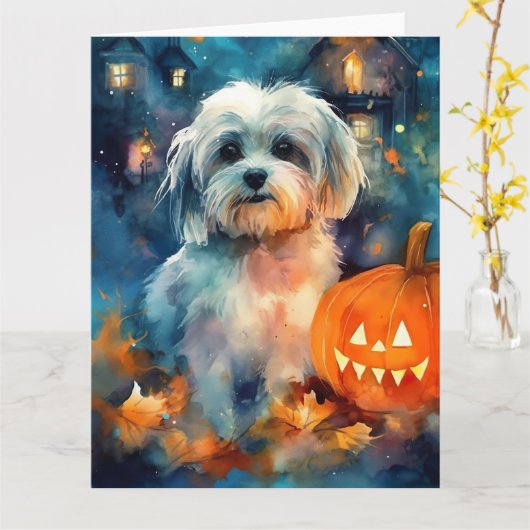 Halloween Havanese Met Pompoenen Griezelen Kaart (Gele Bloem)