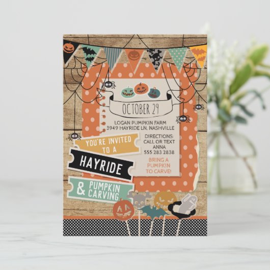 Halloween Hayride en Pompoen Carving Uitnodiging (Staand voorkant)