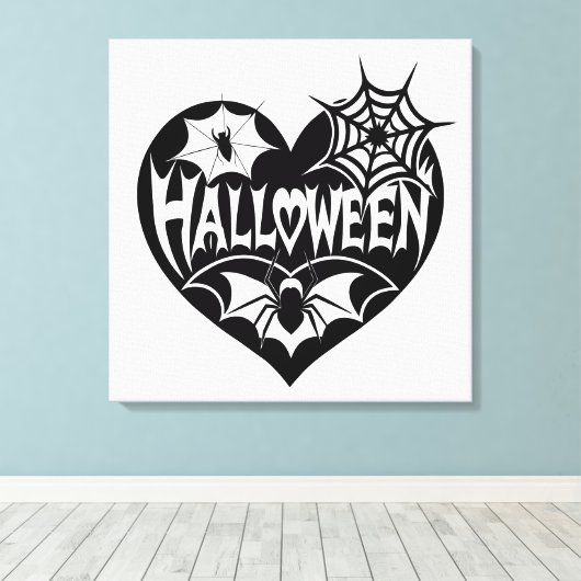 Halloween Heart, Black Heart Shape, Spider Web Canvas Afdruk (Insitu (Houten vloer))