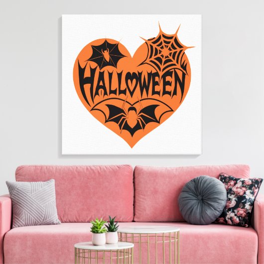Halloween Heart, Orange Heart Shape, Spider Web Canvas Afdruk (Insitu (Woonkamer))