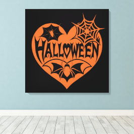 Halloween Heart, Orange Heart Shape, Spider Web Canvas Afdruk
