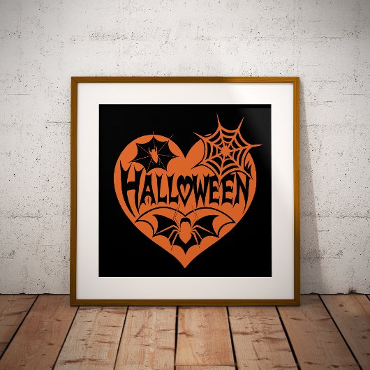 Halloween Heart, Orange Heart Shape, Spider Web Foto Afdruk