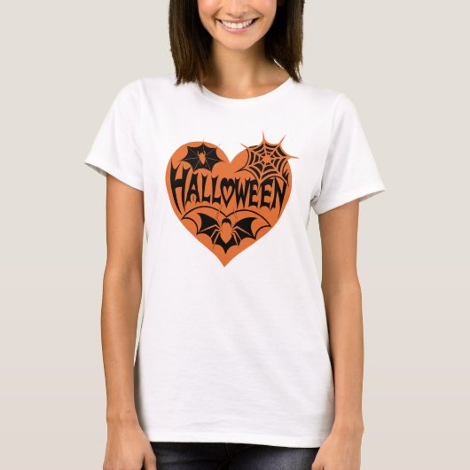 Halloween Heart, Orange Heart Shape, Spider Web T-shirt (Voorkant)