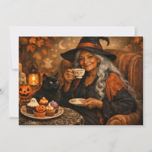 Halloween heks drinkt thee met cupcakes kaart