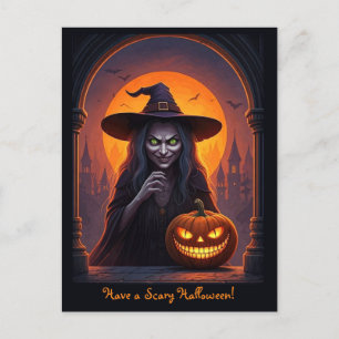 Halloween heks en gekke glimlach pompoen briefkaart